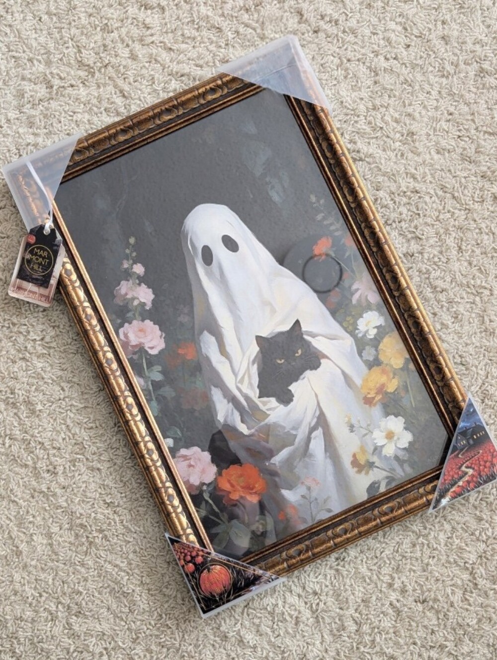 Marmont Hill Vintage Gold Ornate Framed Ghost w/ Cat Wall Art, Halloween Decor👻